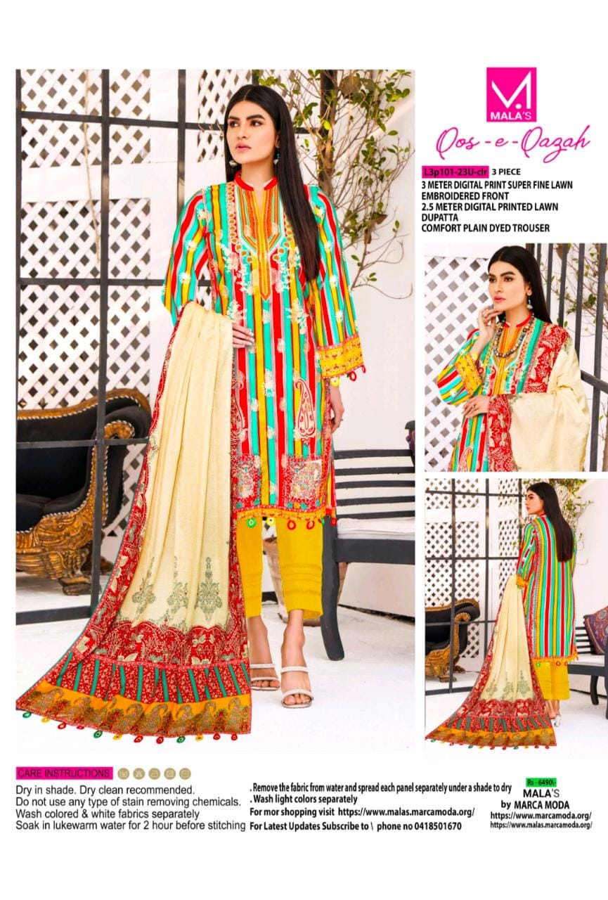 3 Piece Suit: Embroidered Front, Digital Printed Dupatta And Plain Trouser